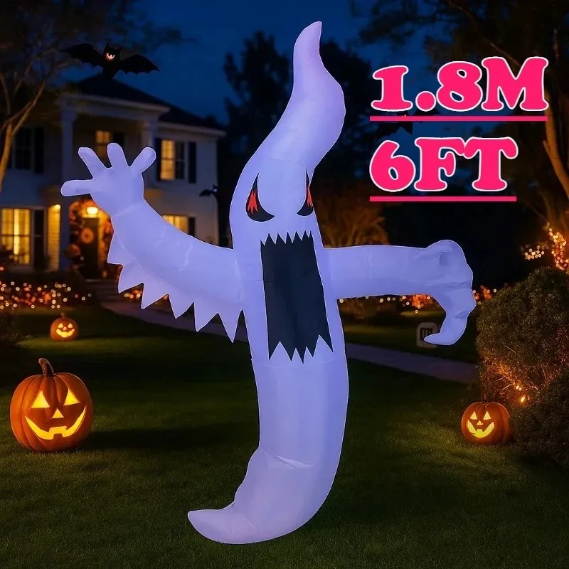 6FT Holiday Lighting White Ghost Decorations Halloween Blow Up Model Luminous Party Holiday Indoor Lawn Courtyard Garden Decor