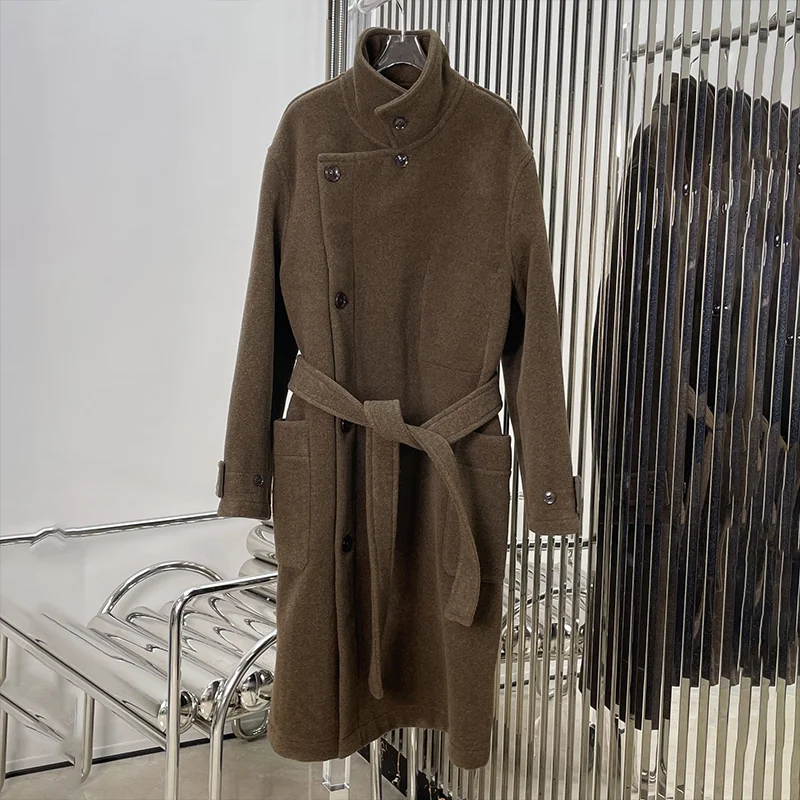 

Высококачественное женское кашемировое пальто с длинным воротником-стойкой, двусторонним поясом и шерстяной курткой 25925100