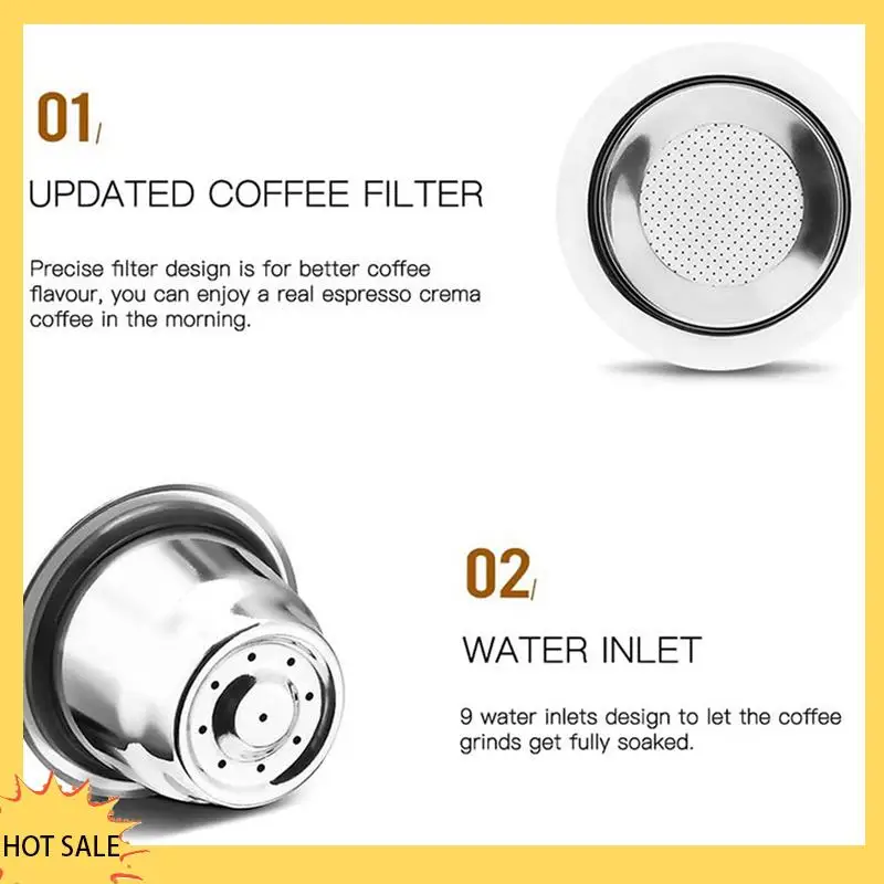 

A66Z Capsules Reusable, Stainless Steel, 6 Pieces Refillable Pads For Nespresso + 2 Tamper + 2 Spoon + 2 Brush