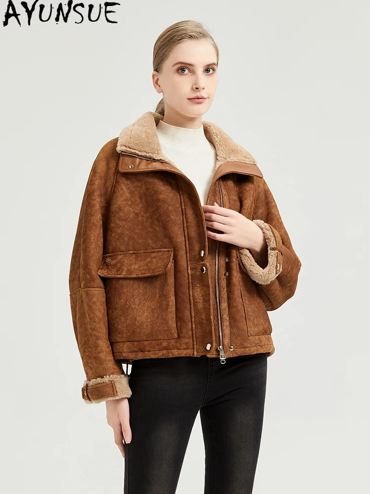 AYUNSUE 2025 ใหม่Shearlingแจ็คเก็ตผู้หญิง 100% ขนสัตว์ธรรมชาติแจ็คเก็ตผู้หญิงเสื้อผ้าMerinoแกะเสื้อขนสัตว์ผู้หญิงС