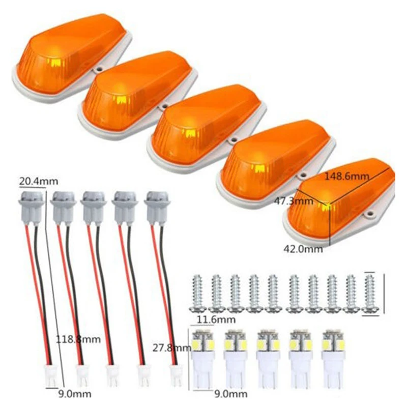 5Pcs Car Cab Roof Marker Lights Clearance For Ford Truck SUV T10 Running Lamps Lens Lamp Amber Car External Lights