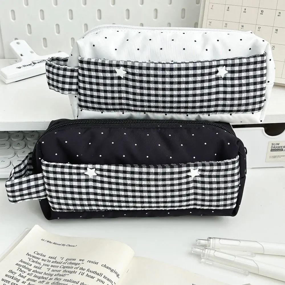 Multifunktionale gestreifte gepunktete Stifttasche, handgehalten, große Kapazität, Schreibwarentasche, Federmäppchen, Schulbedarf