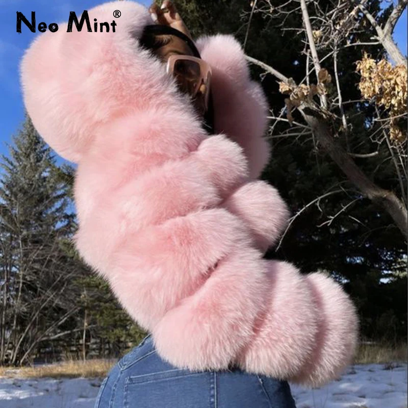 

Bonnet Y2k Girls Premium Faux Fur Bubble Crop Shaggy Midi Coat Women Hooded Winter Thick Warm Zipper Fluffy Faux Fox Fur Jacket