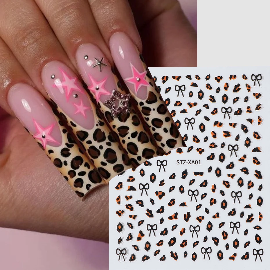 2枚入り ブラウンブラック レオパード柄 ネイルアートステッカー 可愛い黒リボン 粘着式ネイルスライダー 秋冬ネイル用品