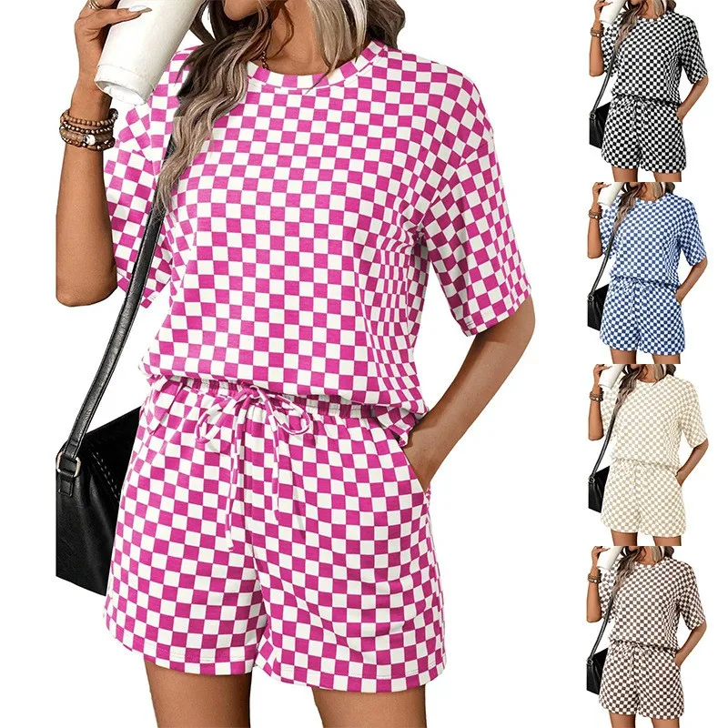 

Summer Women's Set Shorts Plaid Drawstring Waist Short Pants Two Piece Pink Checkered Casual Shorts Relaxed Fit Shorts