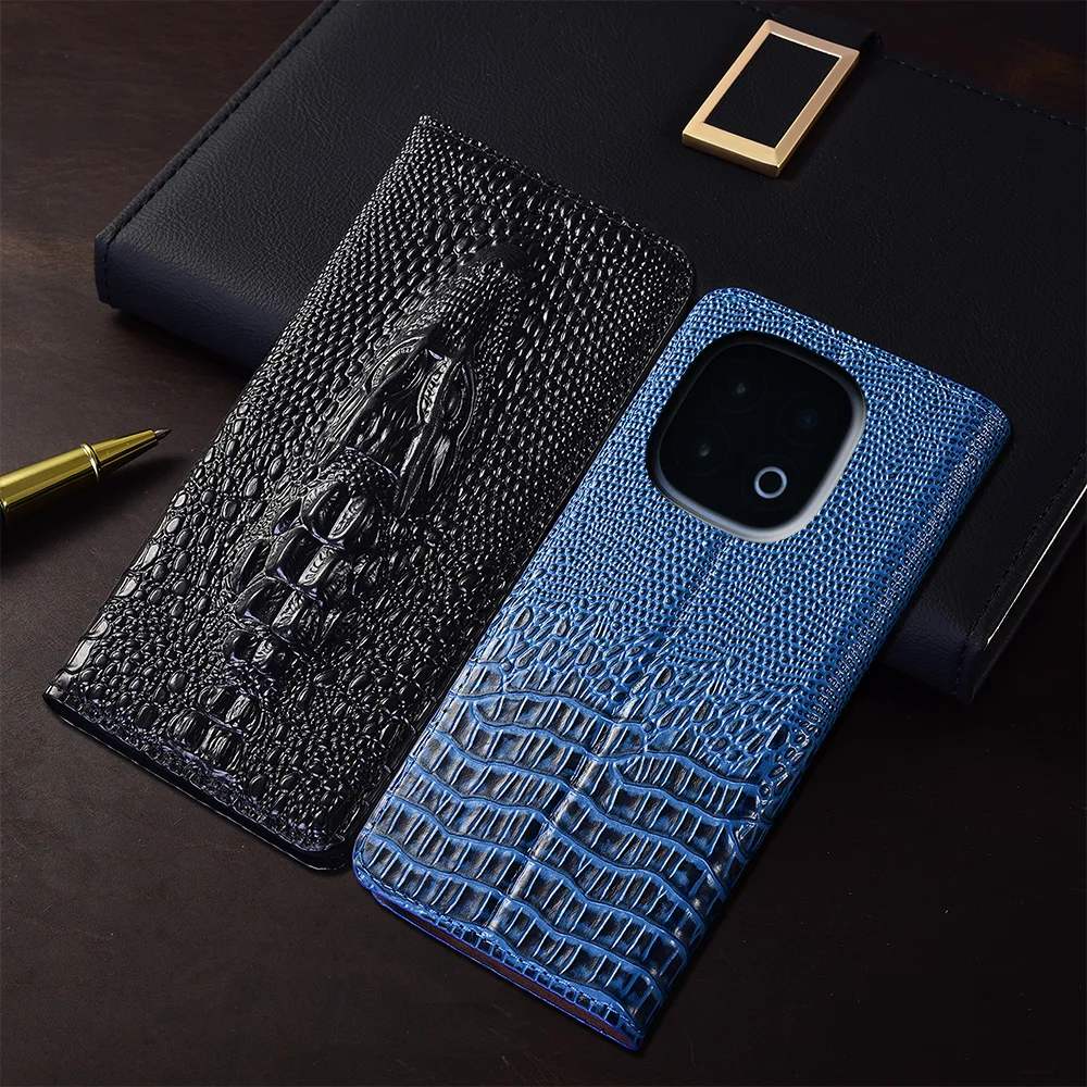 

Genuine Leather Flip Case For iQOO 12 13 15 15R Pro Ultra Phone Cover Card Cases Crocodile Head Scratch Proof