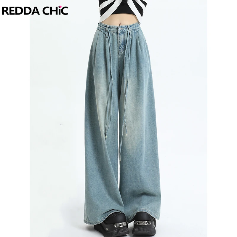 

REDDACHiC Bandage Baggy Jeans for Women Blue Wash Pleated High Rise Straight Wide Leg Casual Pants Trousers Retro Y2k Streetwear