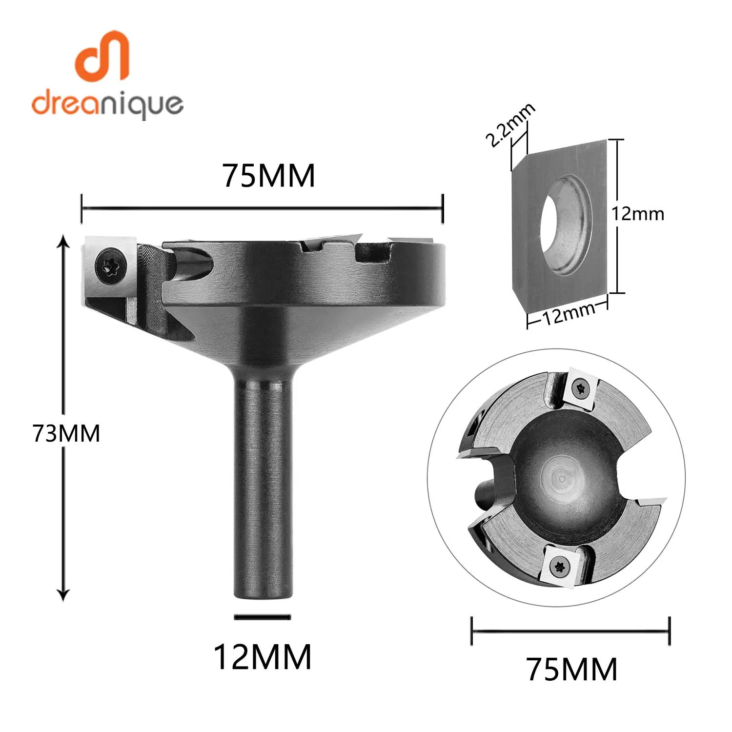 Dreanque 2-フルートウッドプランナービット直径75mmの切断径12シャンクCNC Spilboard加温アルミルビットインサート超硬スラブ