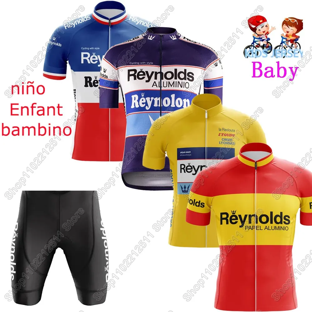 أطفال رينولدز 2025 فريق الدراجات جيرسي مجموعة بنين بنات ريترو فرنسا اسبانيا الدراجات ملابس دراجة أطفال دعوى الجبلية روبا مايوه