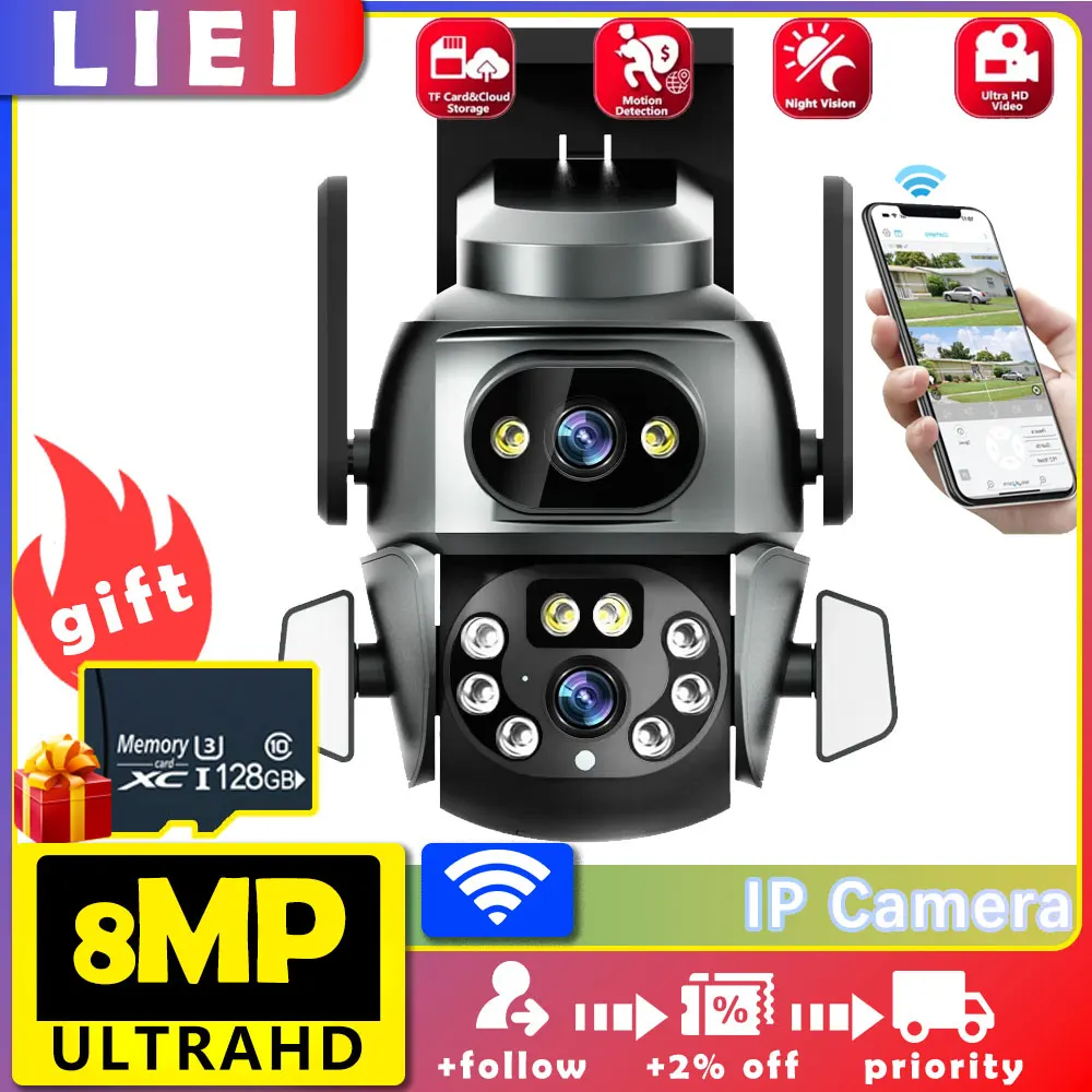 

LIEI 4K UHD 8MP WIFI Surveillance Camera Dual Lens Wireless Outdoor Security IP 360 Cameras AI Human Detect CCTV Camera Digital