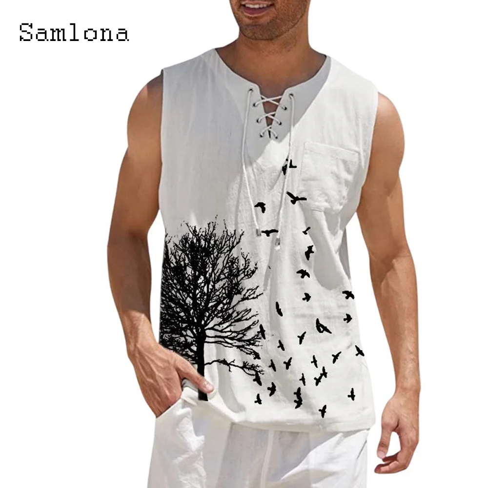 

Plus Size 4xl 5xl Mens Boho Tree Birds Print Shirts 2022 Summer Bandage Tops Men Sleeveless Blouse Male Pullovers Casual Shirt