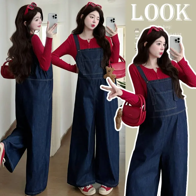 

2025 Autumn Korean Fashion Maternity Denim Overalls Wide Leg Loose Straight Jumpsuits for Pregnant Women Pregnancy Bib Jeans