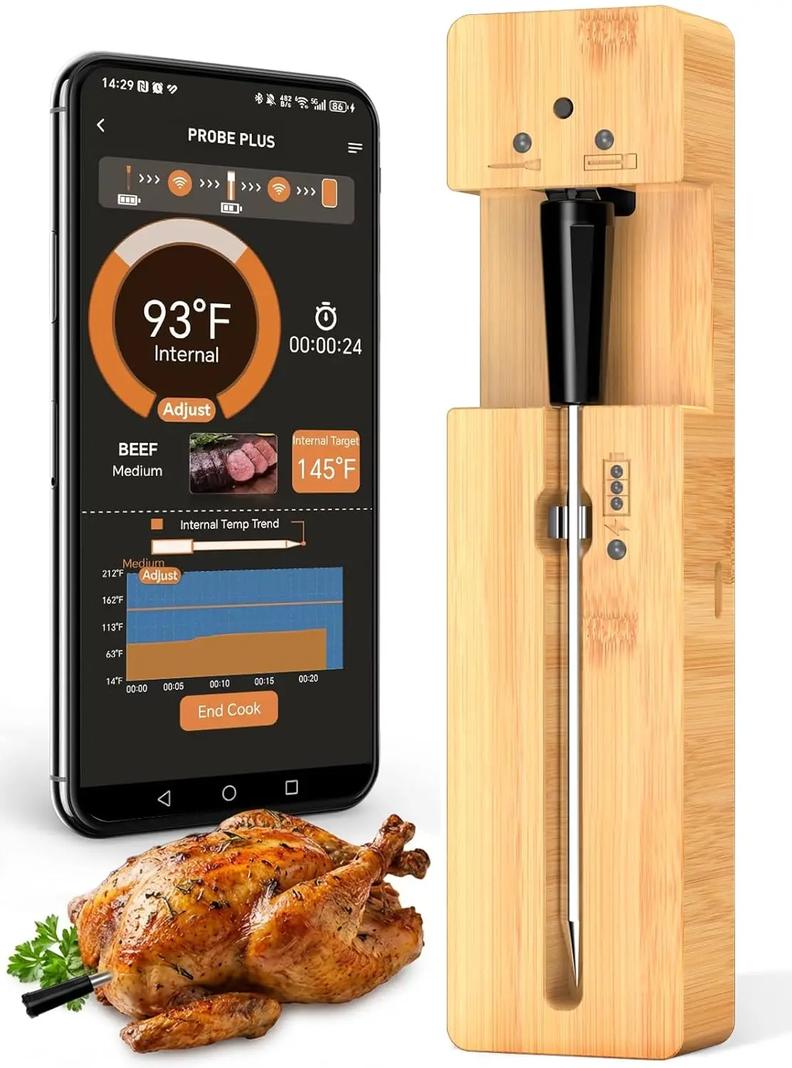 

Wireless Meat Thermometer with Real-Time Alerts - Smart Bluetooth Probe for BBQ, Grill, Oven, Smoker - Long Range, Accurate