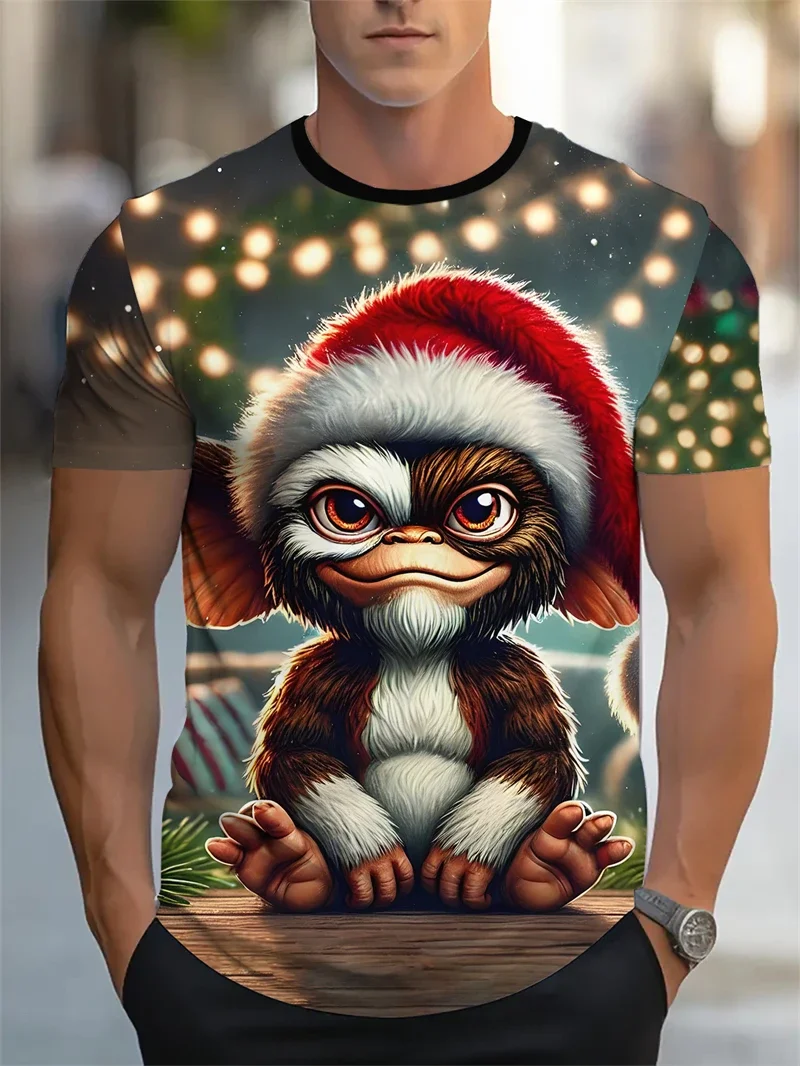 Camiseta con estampado navideño de Gremlins para hombre, camiseta informal de manga corta con cuello redondo para las fiestas