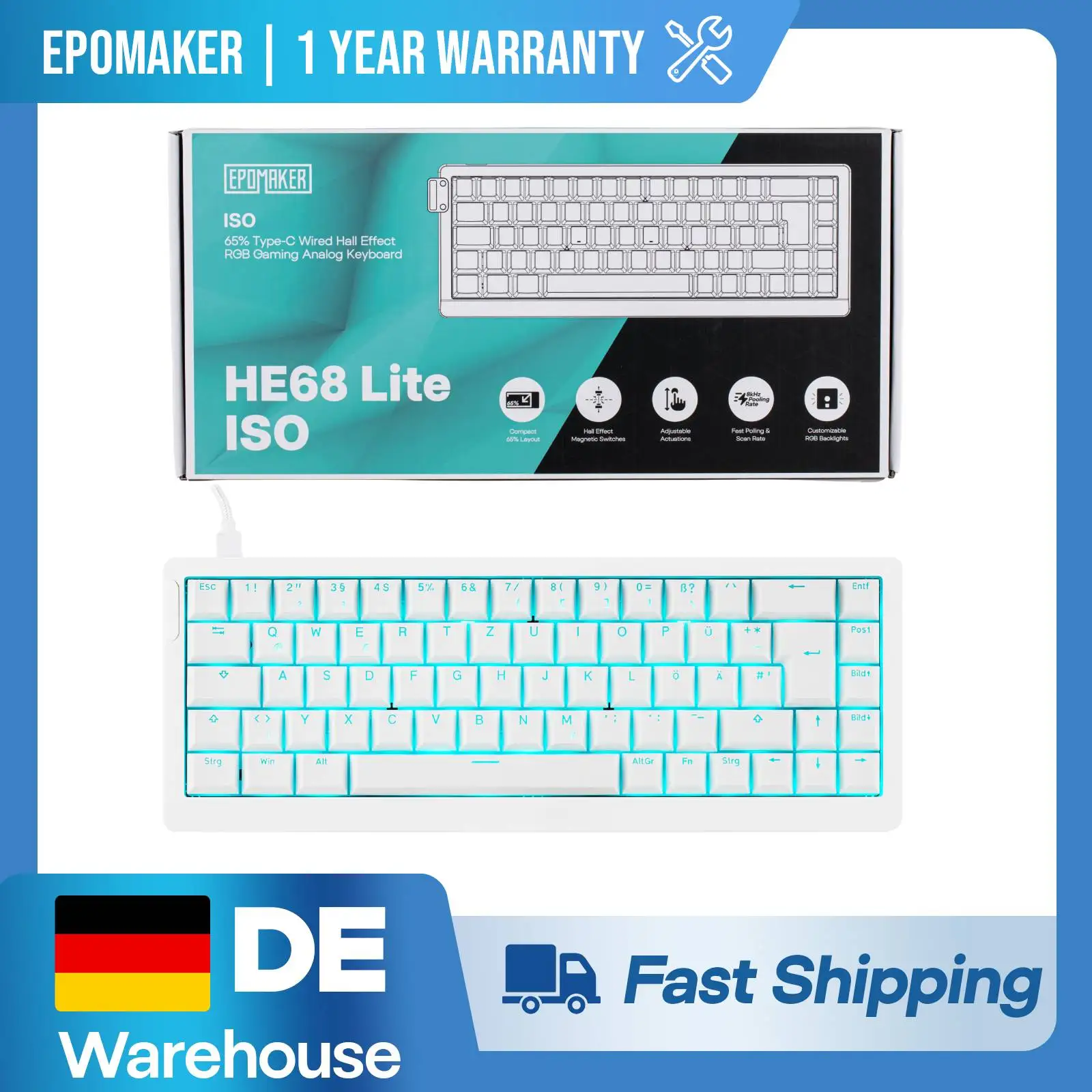 ISO-DE EPOMAKER HE68 Lite, 65% toetsenbord met Duitse QWERTY-indeling, bedraad, SOCD/DKS/MT, magnetisch, gamingtoetsenbord met 8K polling, geschikt voor Mac/Windows.