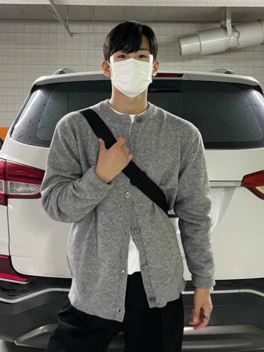 

Trendy Knitted Cardigan Men's Korean Sle Lazy Faion High-End Feeling Cool Sweater Long Sve round Ne Pure Color Sprin...