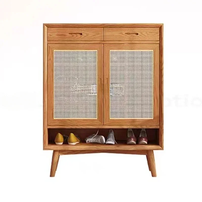 Entry Shoe Cabinet Log Style Entrance Locker Rattan Woven Silent Style Solid Wood storage cabinet  furniture