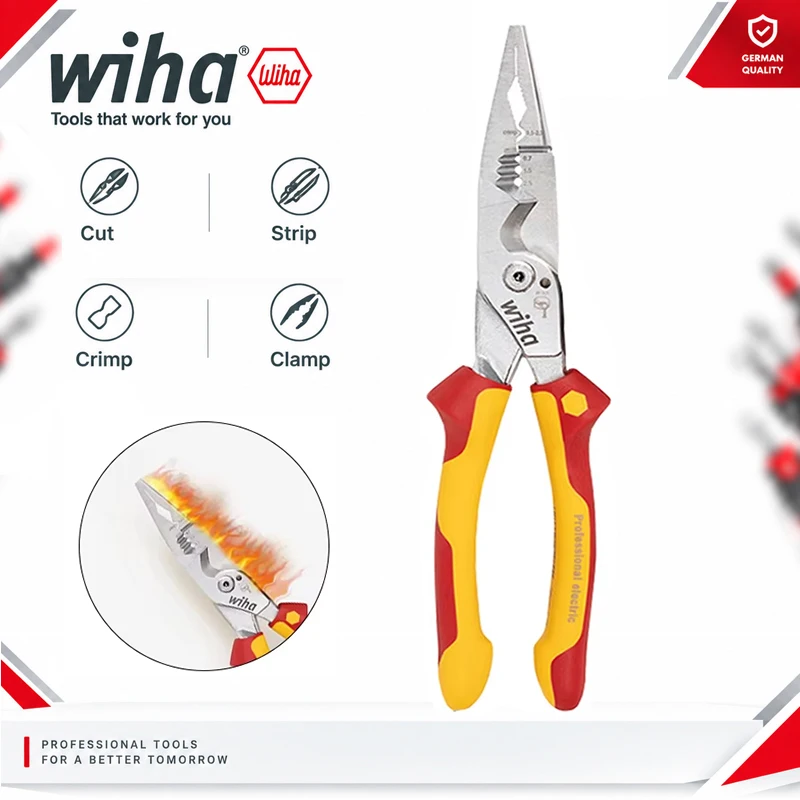 Wiha 45489 8-in-1 Multi-function Wire Stripper Insulated Long Nose Plier, Wire Crimping Cable Cutter Electrician Hand Tool