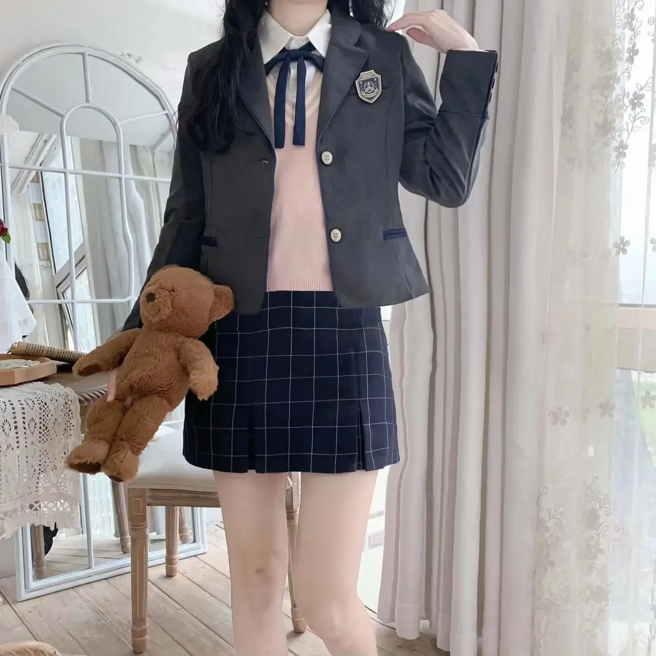 Preppy Suit Autumn And Winter Japanese Korea JK Pink Suit Jacket Knitted Vest Sweater Women Daily Improved Jk Uniform Set