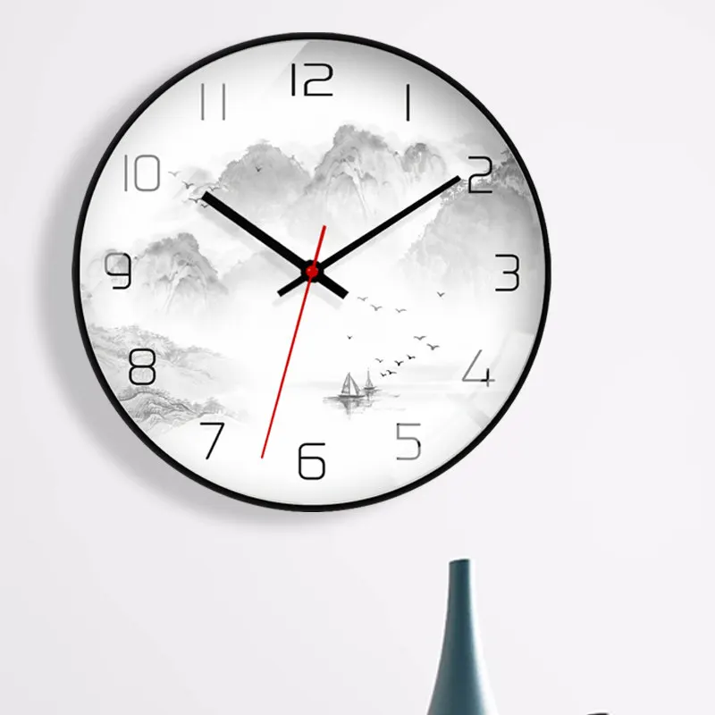 Premium Stylish Modern Chinese Ink Painting Style Wall Clock, Creative Minimalist Silent Quartz Timepiece for Living Room Home