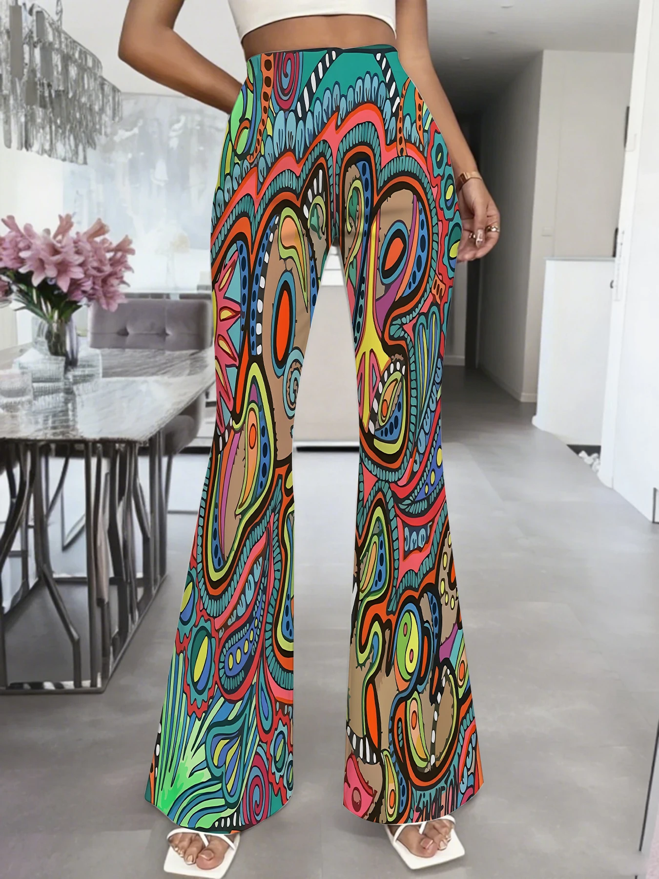 

Ретро-брюки в стиле хиппи с черно-белым этническим узором, расклешенные, для йоги и повседневной носки, с высокой талией