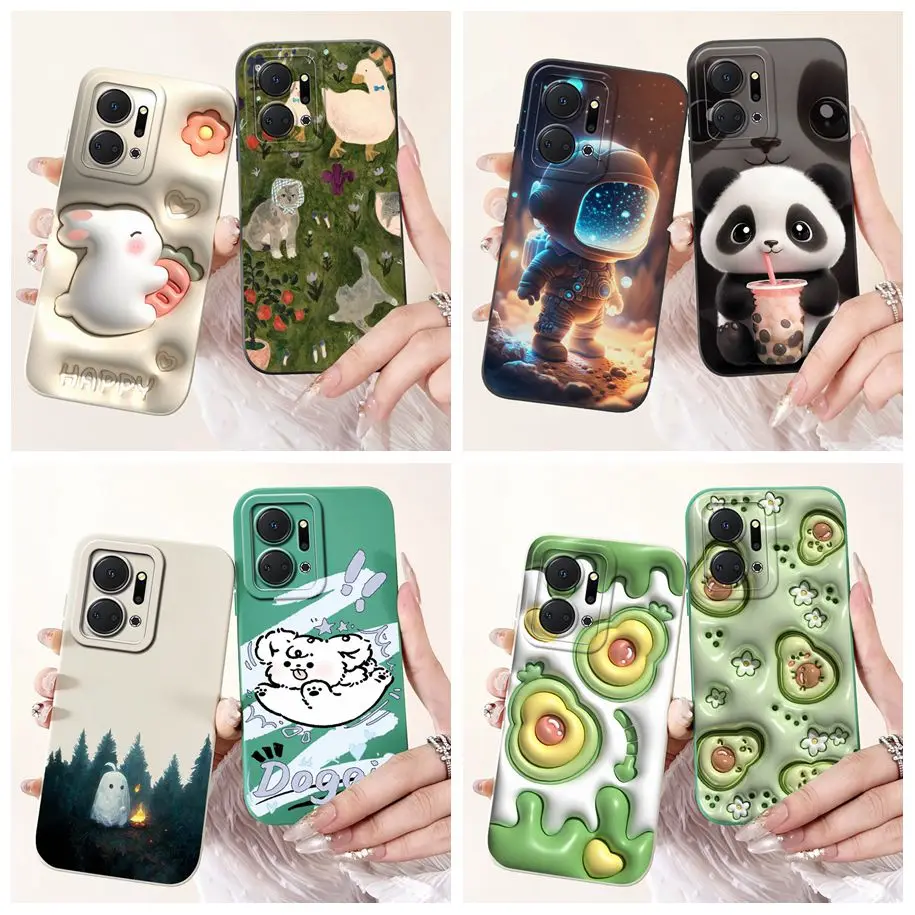 For Honor X7a 2023 Case Cute Cartoon Square Silicone Lens Protective Phone Cover For Honor X7a 4G RKY-LX1 Play 7T HonorX7a Coque