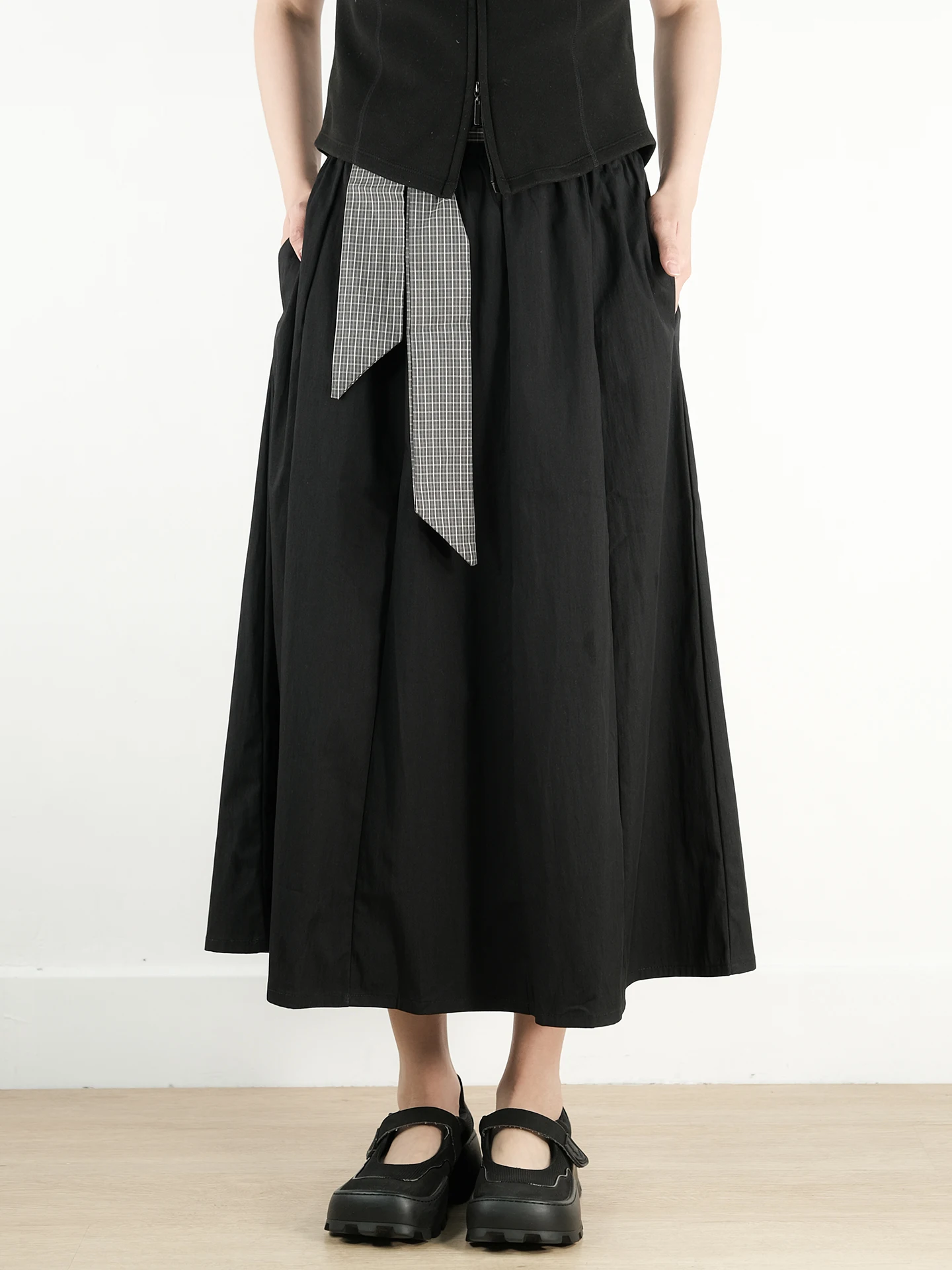 Spring Summer New Plaid Belted A-Line Midi Skirt Black Versatile Simple Design High Waist Cotton Half Body Skirt by Deer People