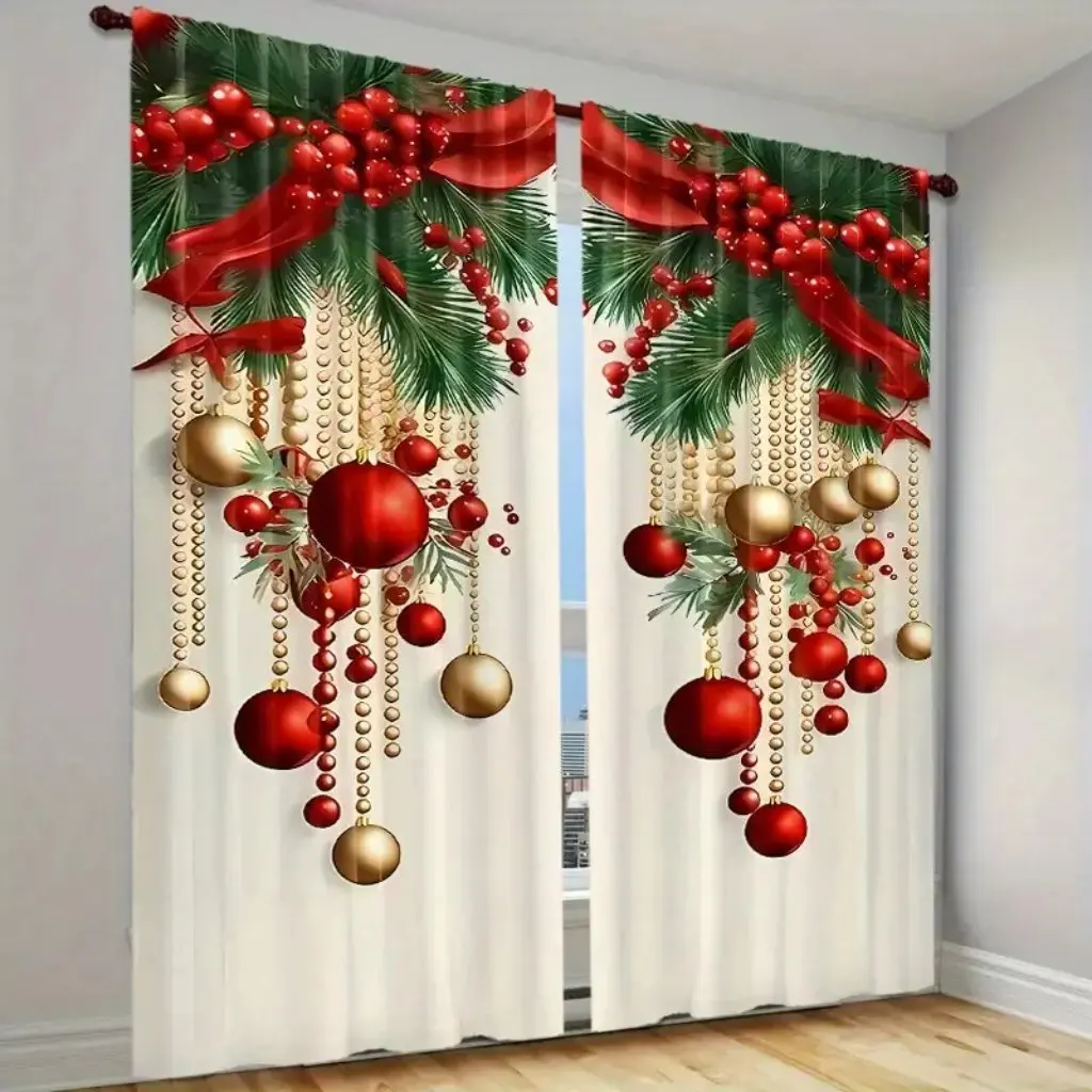 2-piece Admiralty Christmas polyester curtain festive digital print, machine washable, bedroom living room decoration