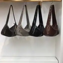 Punk Style Rivet Design Soft Leather Underarm Bags Women Solid Color Casual Shoulder Bag Large Capacity Lady Handbags