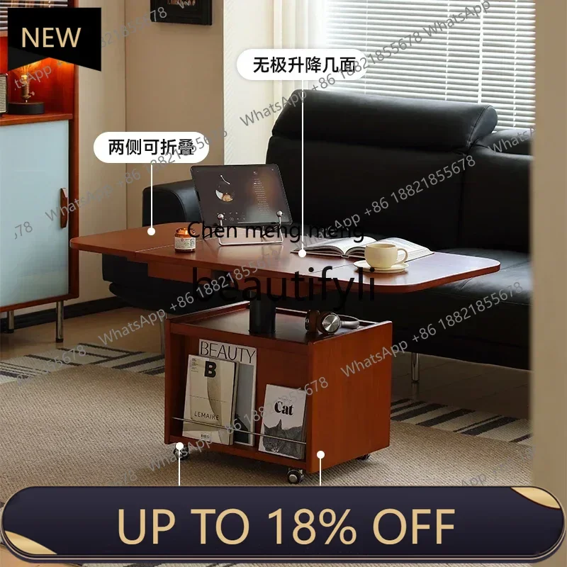 

P178 Solid wood coffee table movable folding lifting small apartment living room creative sofa side table