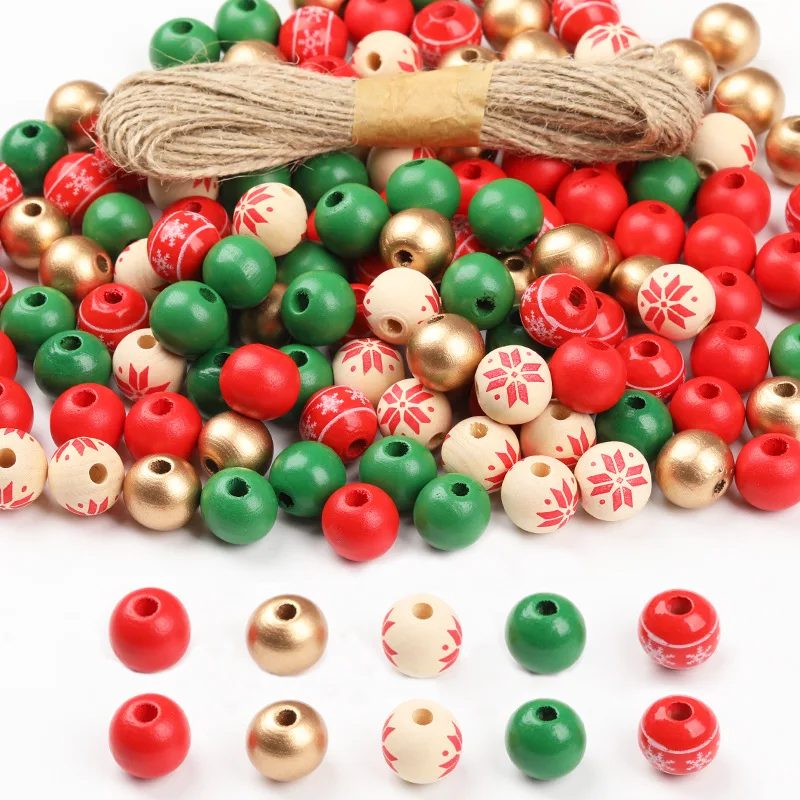 

New Wood Beads Mixed Round Snowflake Print Loose Beads For Jewelry Making DIY Handmade Crafts Party Holiday Decor Accessories