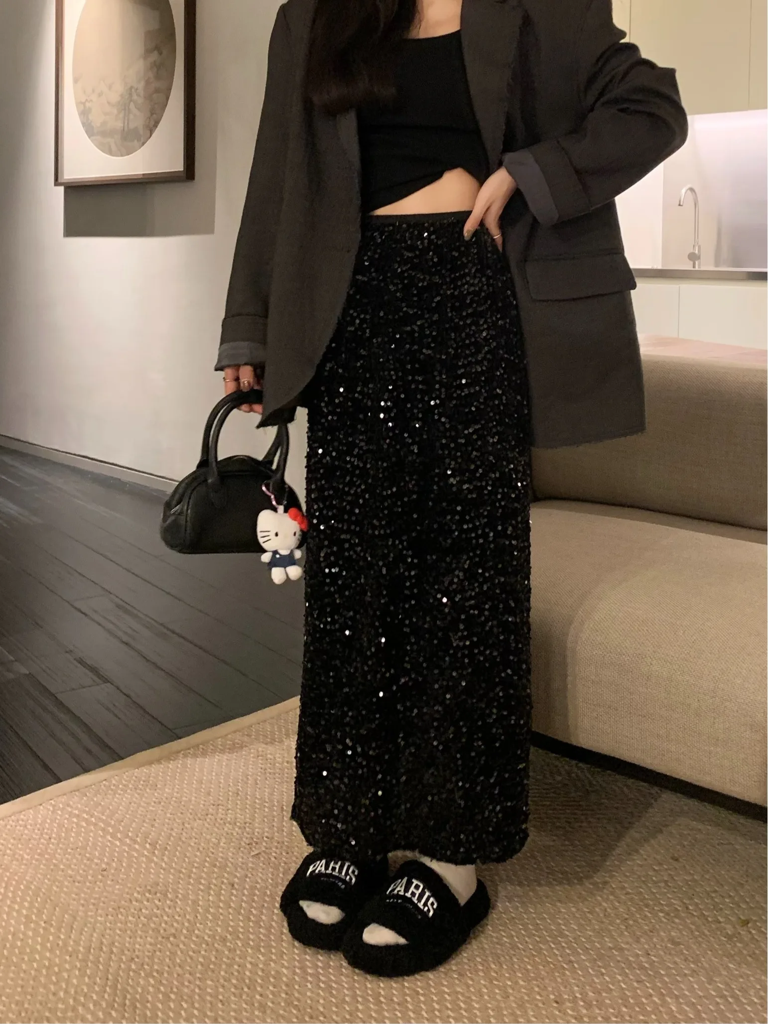 

Velvet Sequin Straight Cut Midi Skirt Women's Summer Fashionable Vintage High Waist Draping Long Skirt Korean Style Casual Wear