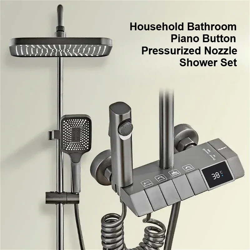 Sistem Shower Rumah Tangga Set Shower Kamar Mandi Rumah Tangga Tombol Piano Nozzle Bertekanan Set Shower dengan Layar Digital Warna Abu-abu
