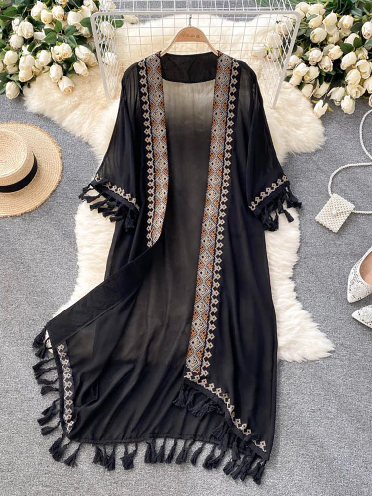 WeHello 2023 Summer Beach Kimono Women Bohemian Cover Up Long Fashion Embroidery Poncho Cardigan Tassel Chiffon Shirt