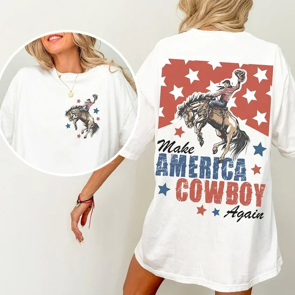 

Women Make America Cowboy Again Shirt Summer Bucking Bronco America Patriotic Shirt Cowboy Western Cotton Tees Graphic T Shirts