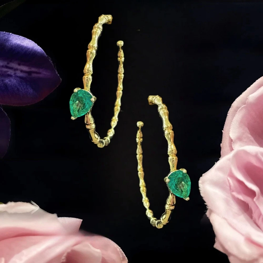 Wong Rain Vintage 18K Gold Plated 925 Sterling Silver 5*7 MM Pear Cut Emerald Gemstone Hoop Earrings for Women Fine Jewelry Gift