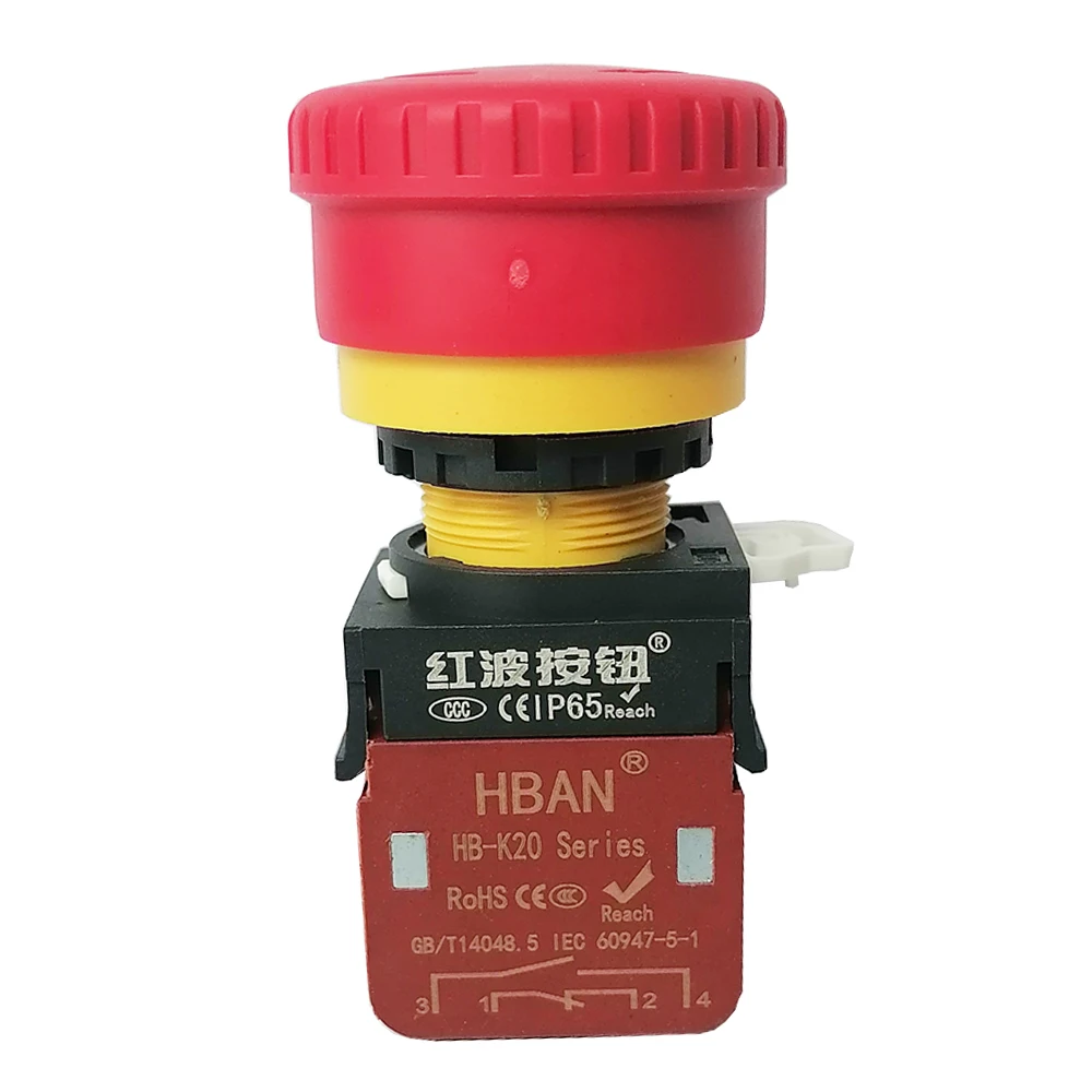 HONGBO HB-K20 Waterproof IP65 22mm 20A Emergency Stop Mushroom Head Push Button Switch 1NO 1NC 1 Position