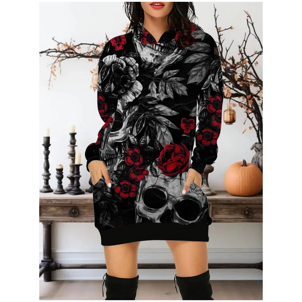 2024 New In Autumn Women Hoodies&Sweatshirts Dress Gothic Skull And Rose All Saints\' Day Clothes oversize Hoodie Short Dress