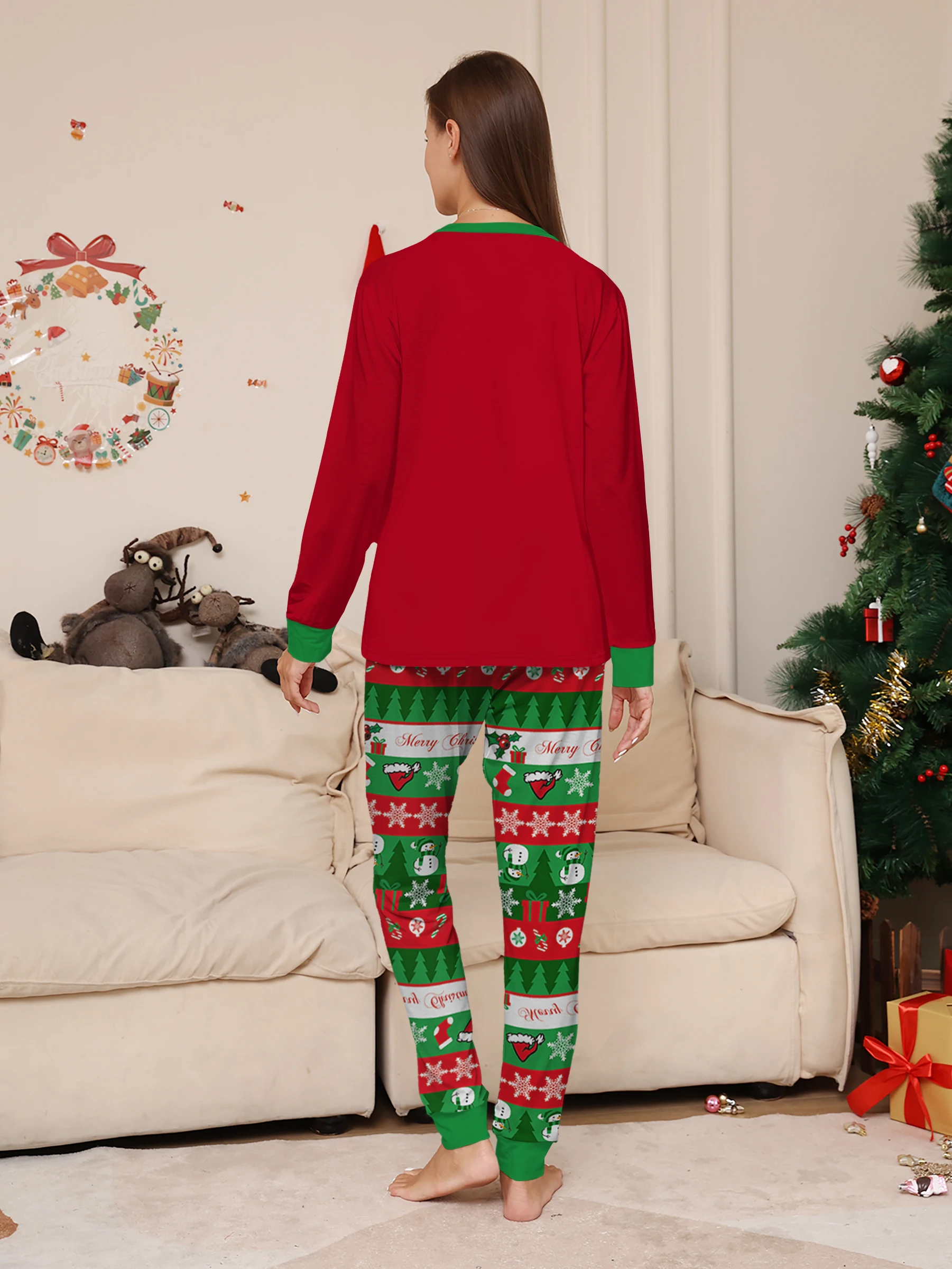 커플 크리스마스 잠옷 세트 - 레드 '눈사람 프린트' 탑 & 그린-레드 체크무늬 크리스마스 바지