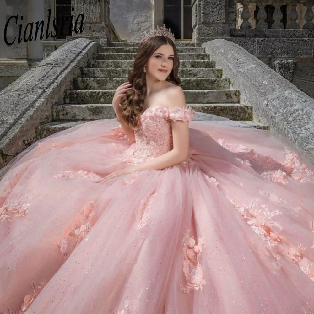 Pink Princess Off The Shoulder Dress For Quinceanera 2023 Floral Sweetheart Ball Gown Vestido De 15 Anos Sweet 16