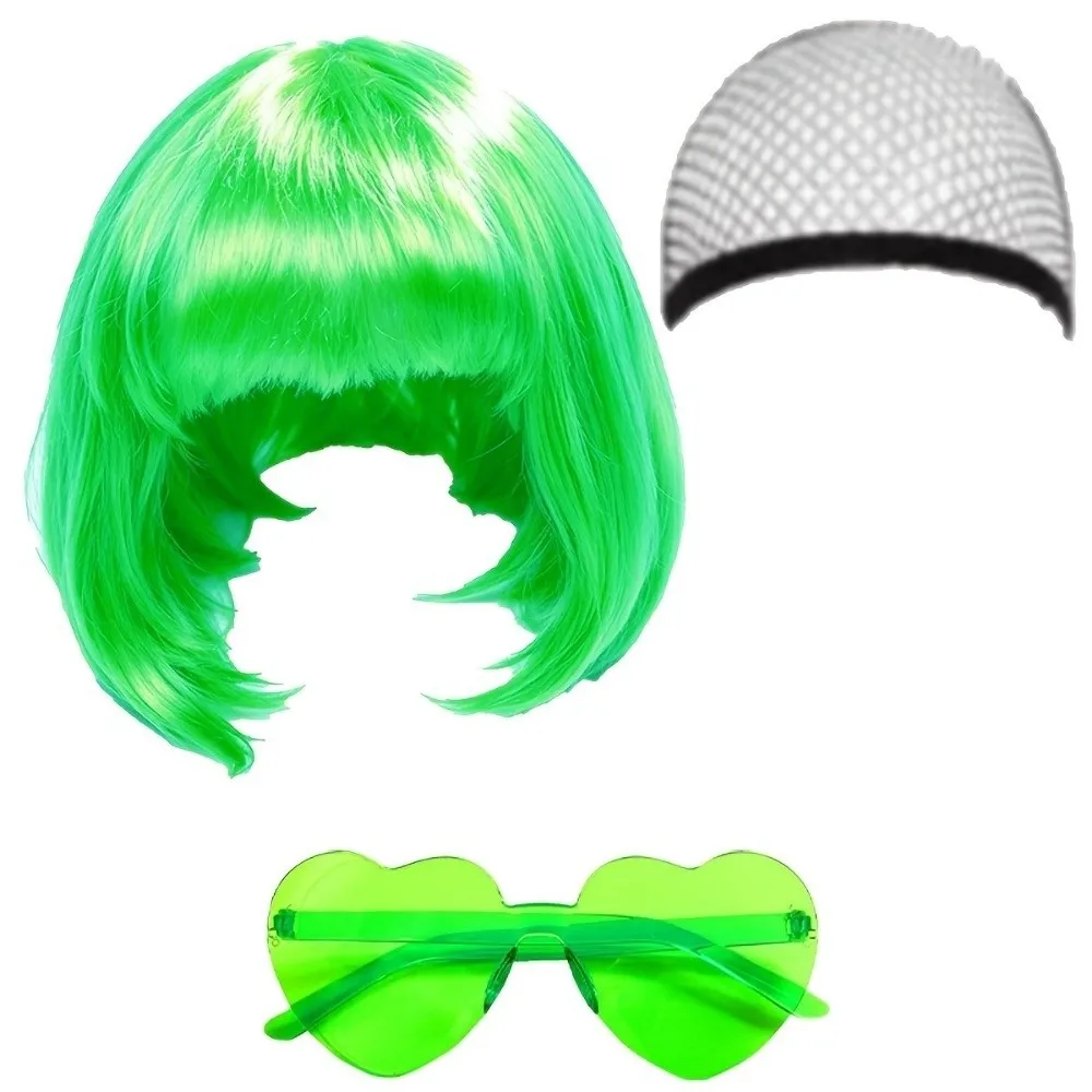 3 Stück bunte kurze Bob-Perücken, Weihnachts-, Halloween- und Cosplay-Perücken-Set für Partys, inklusive Haarnetz und Brille, kurze Perücke für Rollenspiele. – Detail 7