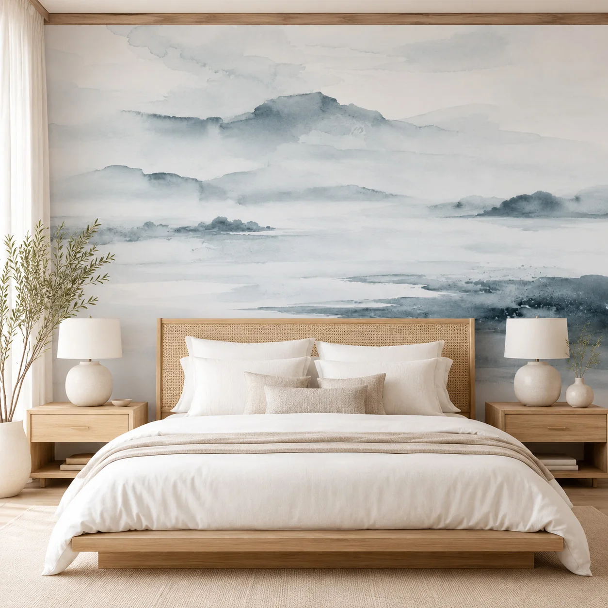 Misty Blue Mountain Self Adhesive Wallpaper Watercolor Landscape Wall Mural Peel and Stick Living Room Bedroom Home Decor Art XL