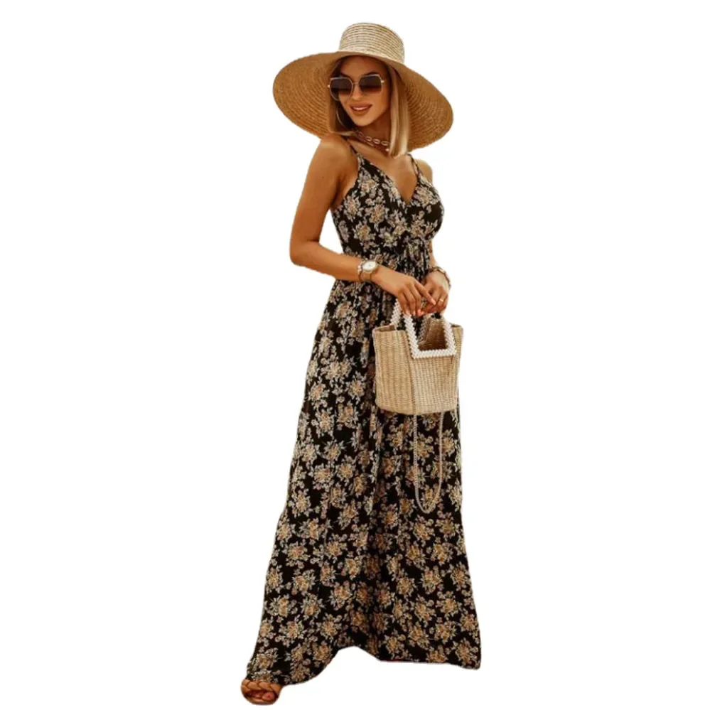 2025 New Summer Ladies Beach Casual Backless Long Dress Women's Robe Suspenders Sexy Thin Straps Floral Boho Long Dress Women