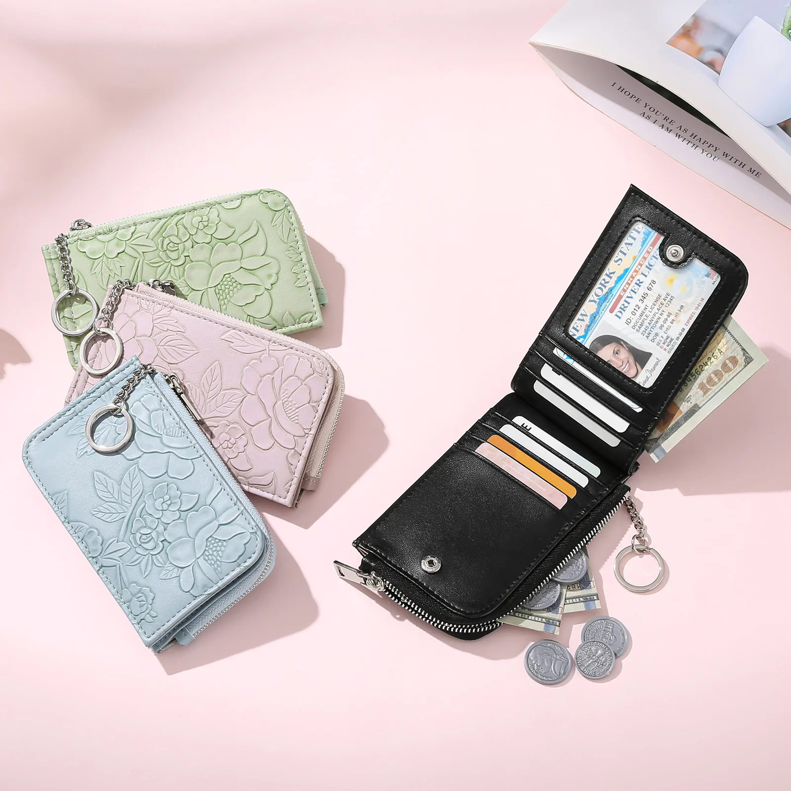 Fashion Embossed Card Holder RFID Large Capacity Coin Purses Portable Leather Short Wallets for Women