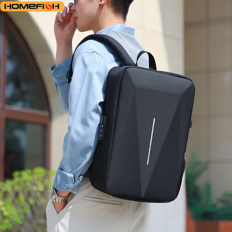 HOMEFISH Men's Fashion Hard Shell Anti‑Theft Backpack, High Capacity USB Charging Business Laptop Bag for Casual Travel