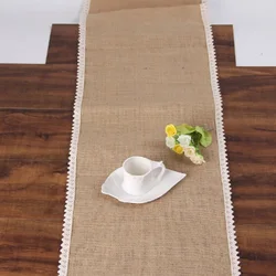 YOZA Vintage Burlap Lace Table Runner Rustic Jute Shabby Hessian Table Runner for Wedding Festival Party Event Decorations