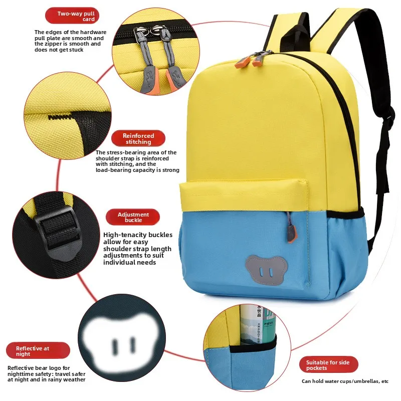 Lightweight Canvas Backpack Cute Bear Logo School Backpack, Multicolor Solid Color Splicing Rucksack Casual Daily Travel Backpac