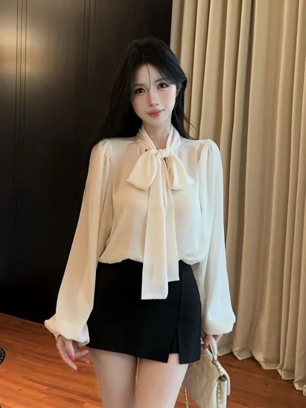 

French Style Knot Tie Chiffon Shirt Women Summer Slimming Gentle Commute Lantern Sleeve Design Light Maturity Top