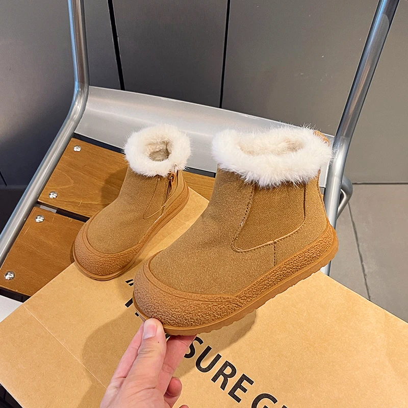 2023 Suede Children Fashion Boots Winter Solid PU Soft Zip Boys Girls Ankle Shoes Plush Warm Non Slip Kids Snow Boots