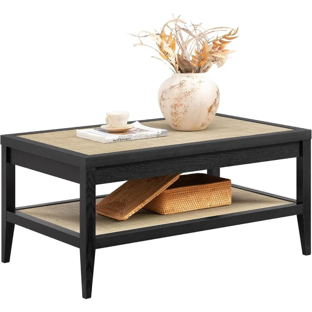 Mesa de centro retangular para sala de estar, mesa central boho de fazenda com prateleiras de armazenamento de vime de 2 camadas, mesa lateral de sofá